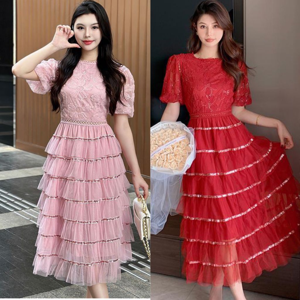 TikaZyka - Tulle Dress Bunga Timbul Berpayet Mix Rok Tutu Payet