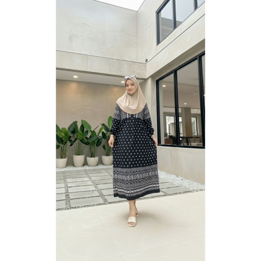 Dress Motif Etnik Polkadot Bahan Rayon Adem Busui Friendly | Gamis Muslim Wanita Terbaru Kekinian