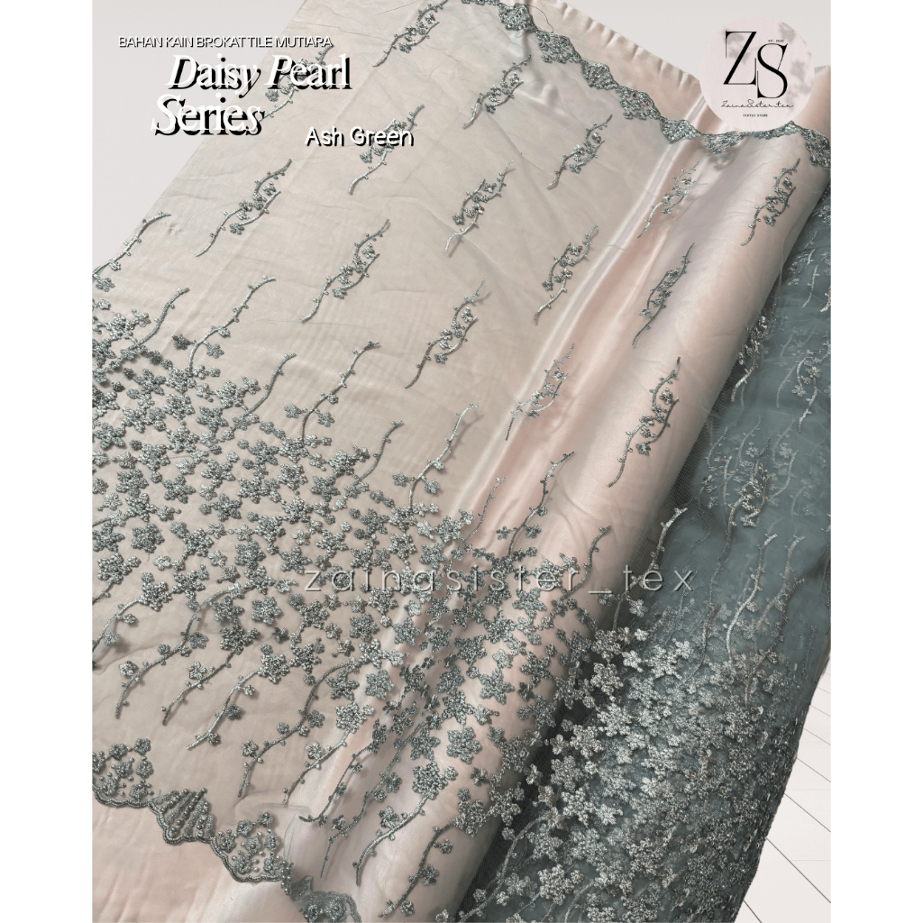 Kain Brokat Tile Bordir Two Tone Mutiara Daisy Pearl Series Warna Ash Green Hijau | Bahan Kebaya Mew