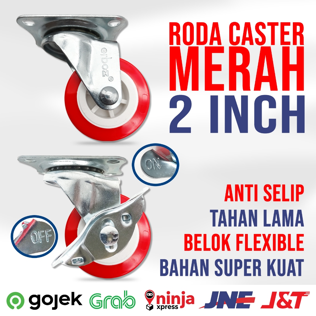 Roda Caster Etalase Troli Merah / Roda Troli Kastor Caster Roda Hidup + Rem / Roda Caster Merah Nylo
