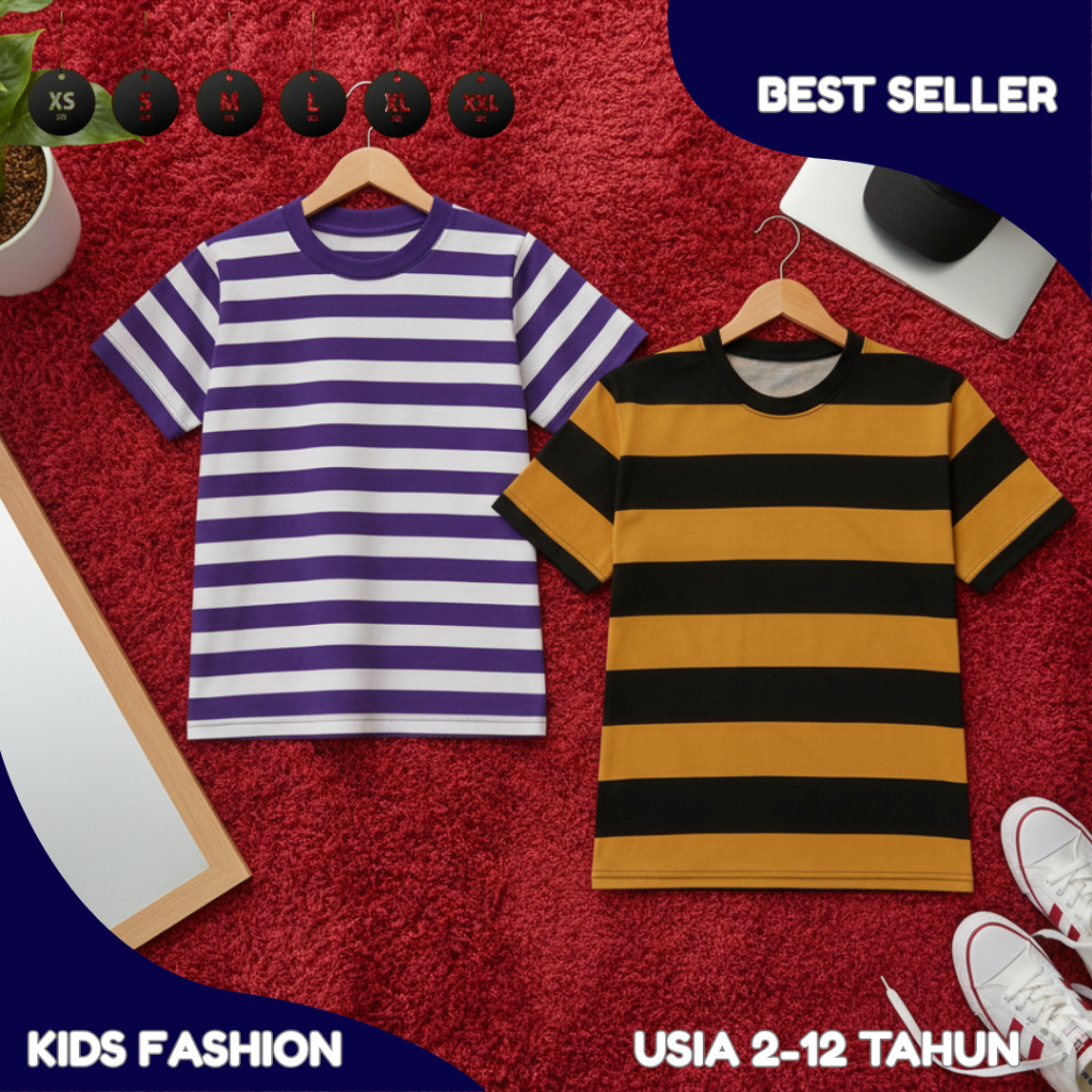 Bundling Kaos Anak Laki-Laki Stripe Warna Ungu & Kuning Usia 2-12 Tahun - Baju Kaos Anak Katun Nyama