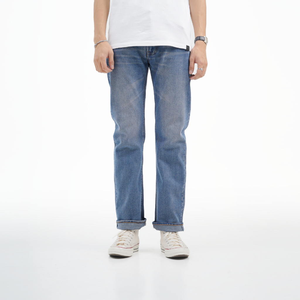 Volkvog Jeans Dallas Celana Panjang Washed Denim Pria Slim Straight Biru