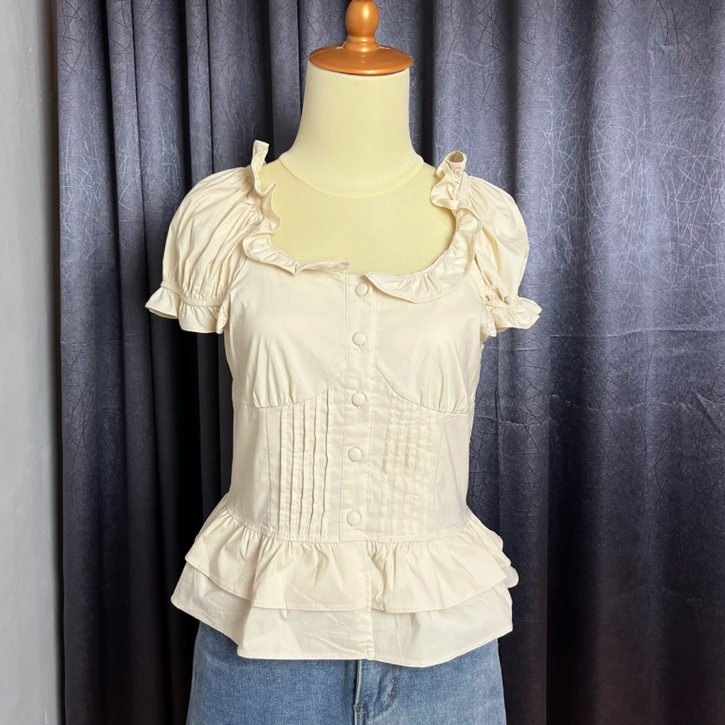 nitshui - Yeri BLOUSE PEPLUM RUFFLE Lengan Pendek Atasan Wanita Crop Top Korean Style Baju Blus Kera