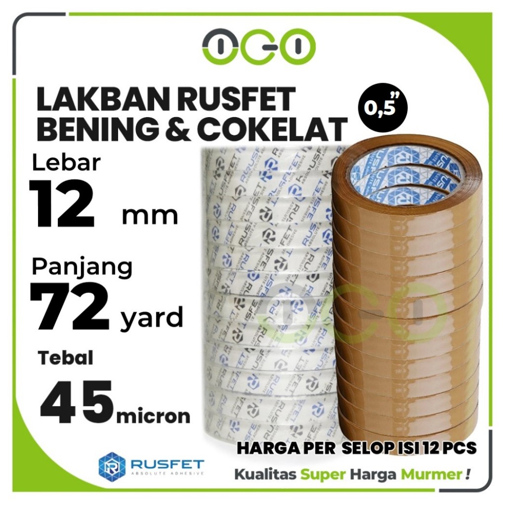 Lakban Selotip Isolasi Rusfet 12mm (0,5 inch) x 72yard Bening / Cokelat Harga Per-slop isi 12pcs