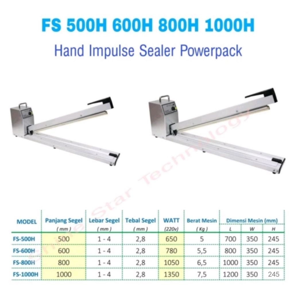 Powerpack Hand Impulse Sealer Series FS-500H FS-600H FS-800H FS-1000H Mesin Seal Manual