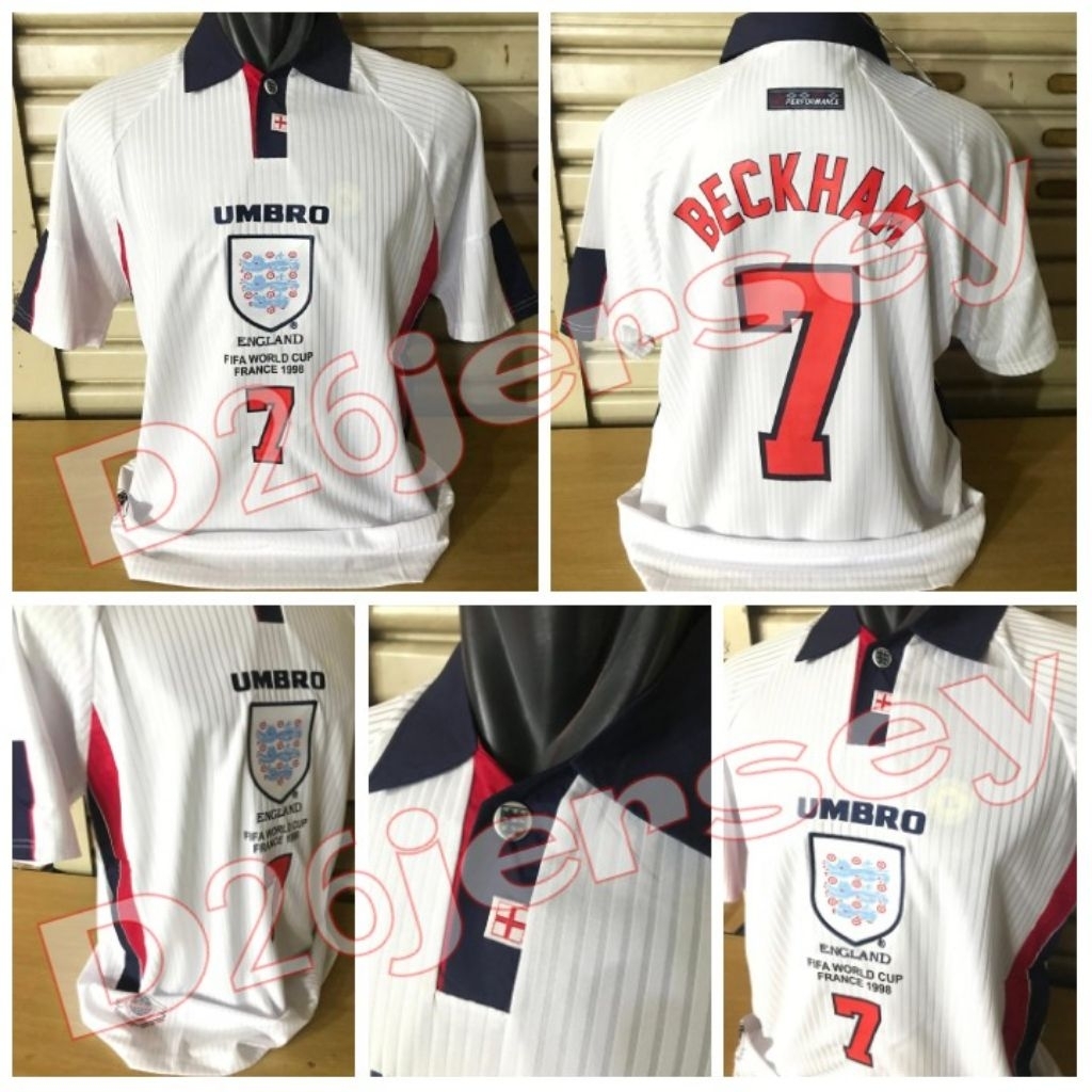 Jersey RETRO InggerisS_ Home 1998 OFFICIAL + Cetak nama Nameset BECKHAM 7 OWEN 20 / SOUTHGATE 6 / Cu