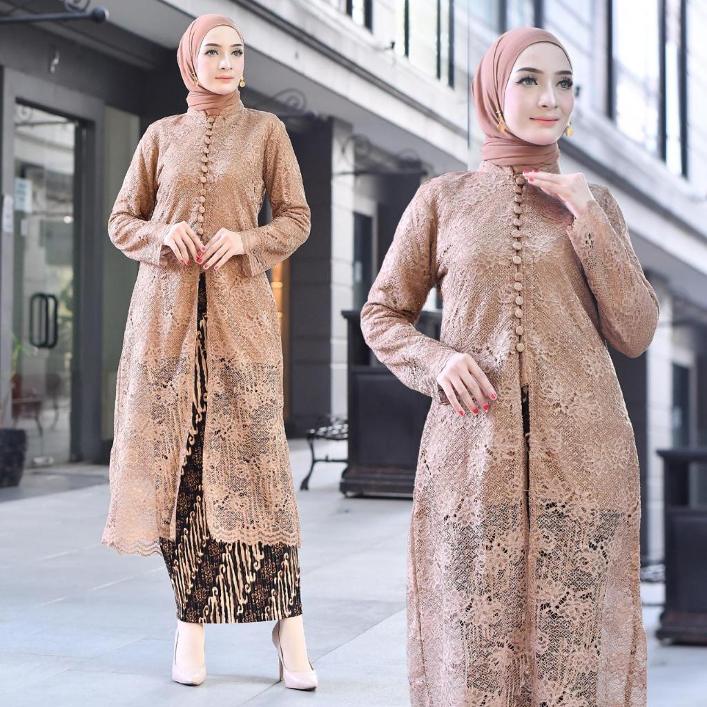 Setelan Kebaya Tunik Brokat Kancing Mocca/Kebaya Muslim Tunik Busui Frendly