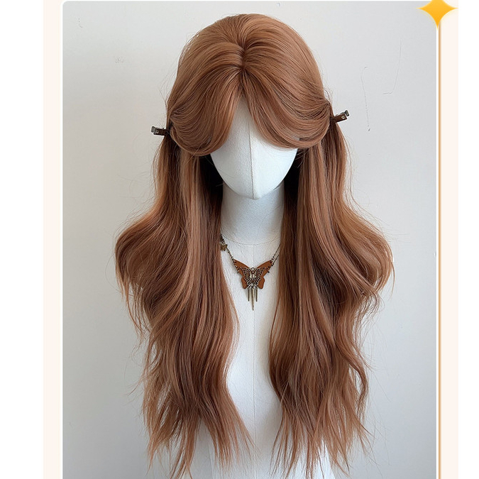 Orange Wig lolita Long Curly Hair with Bangs, Light Color, Lazy Style, Full Wig for Women