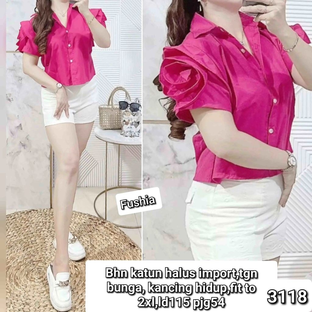 3118 atasan blouse kemeja import wanita/cewek/perempuan dewasa bigsize jumbo Ld 115cm bahan katun im