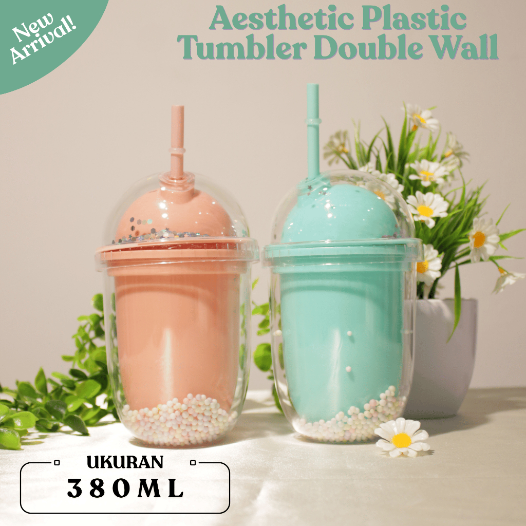 Tumbler Double Wall 380ML Aesthetic | Tutup Dome Polos | Botol Minum Plastik Lucu Free Sedotan | BPA