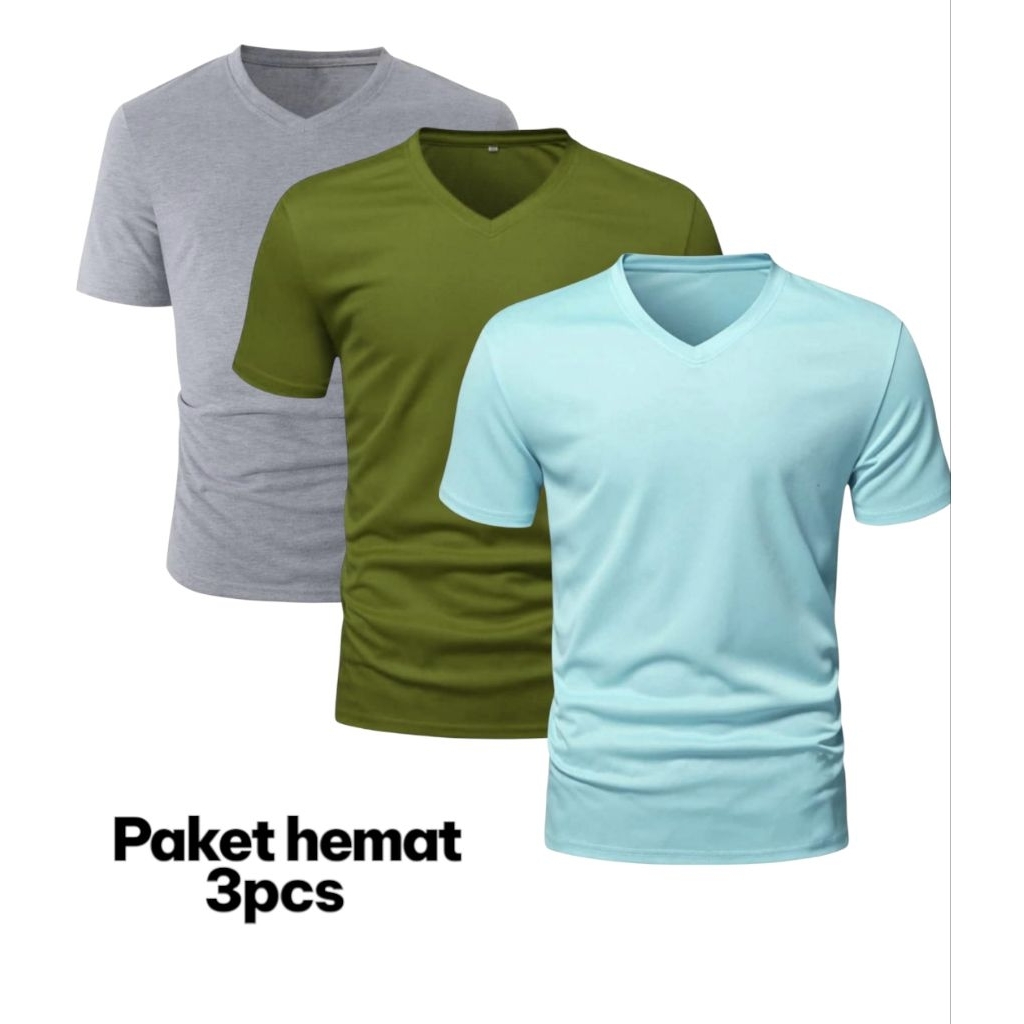PAKET 3 PCS  KAOS KRAH V-NECK BAHAN BEBY TERY LENGAN PENDEK PRIA