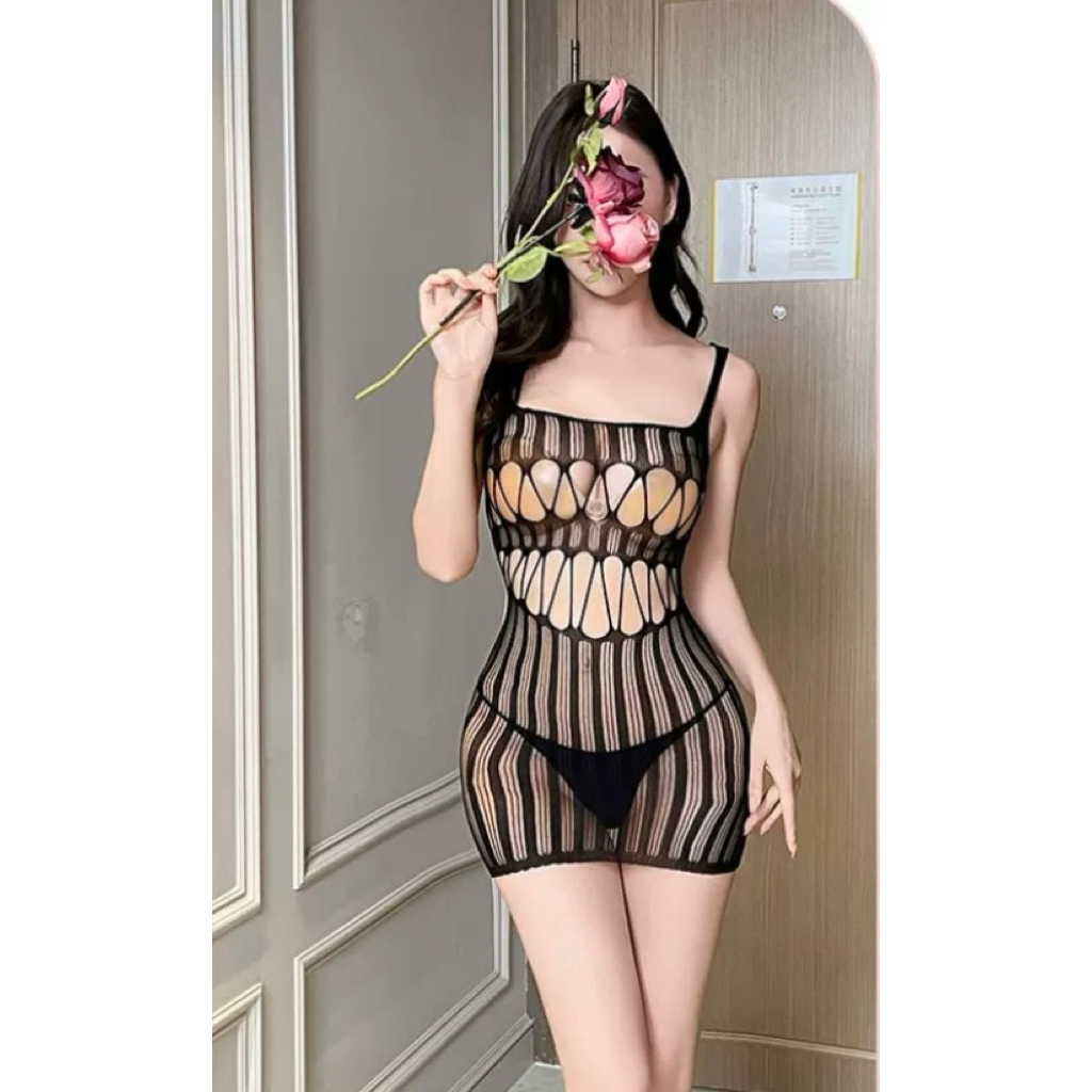 Lingerie Bodystocking Slimsuit BodySuit Hitam Jaring B9065 / Dress Wanita Ketat