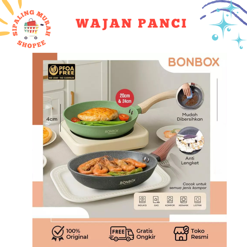 BONBOX BKE41202 WAJAN PANCI FRYPAN ANTI LENGKET GRANITE TANPA MINYAK TUTUP KACA NON-STICK PAN 20/24C