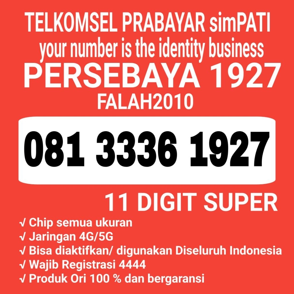 NOMOR CANTIK SIMPATI 11 DIGIT TELKOMSEL PERSEBAYA 1927 KARTU PERDANA CANTIK PERSEBAYA 1927 MURAH
