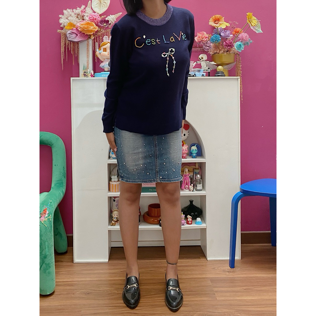 Reworked Cest La Vie Sweater | Sweater Wanita Beads | Atasan Wanita Navy