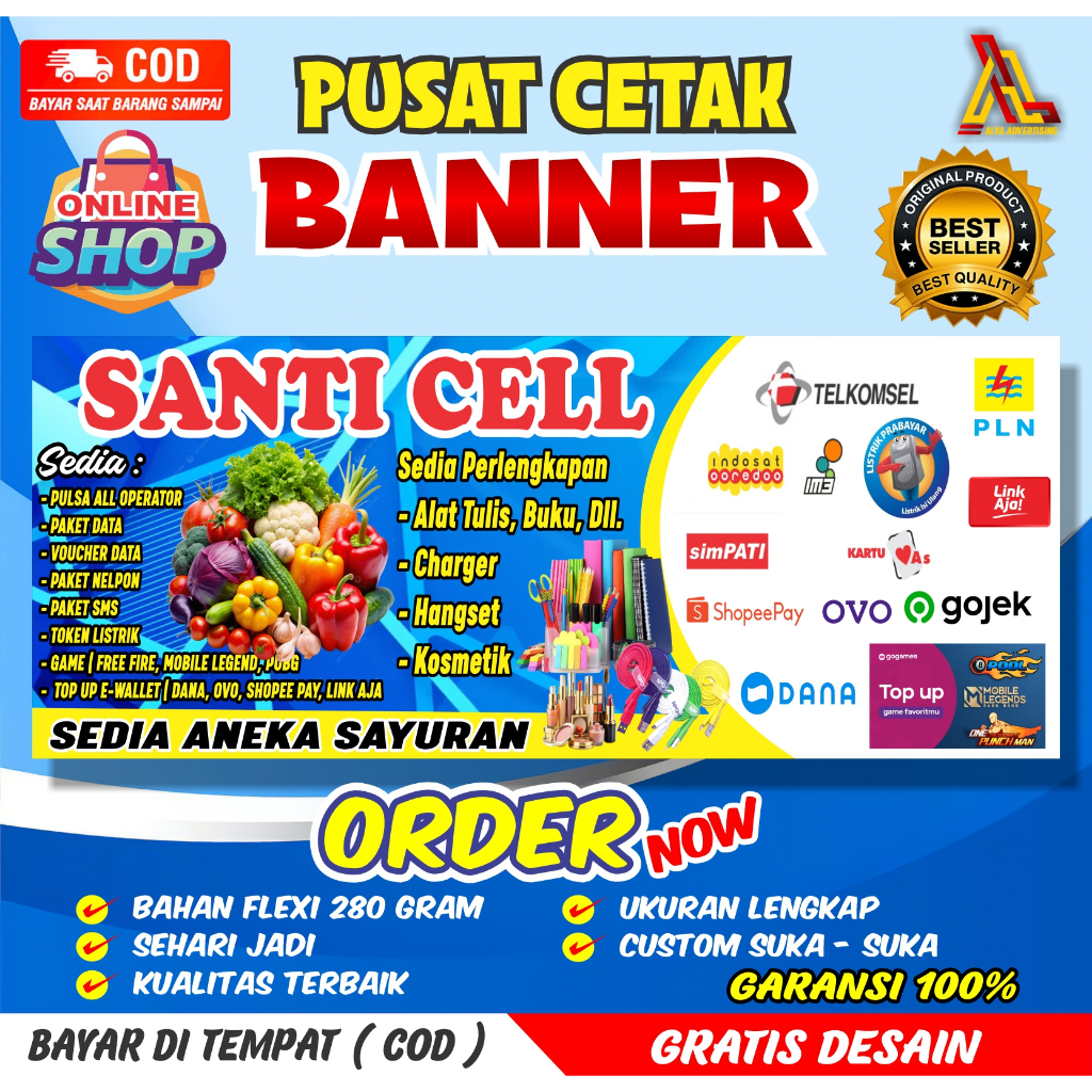 SPANDUK KONTER MURAH/BANNER JUALAN PULSA/BANNER TOKO/BANNER WARUNG/BANNER KONTER SEHARI JADI GRATIS 