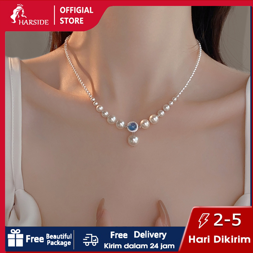 COD Free Gift Box Kalung Perak Murni S925 Batu Akik Laut dan Mutiara Wanita, Kalung Perak Pecah Ring