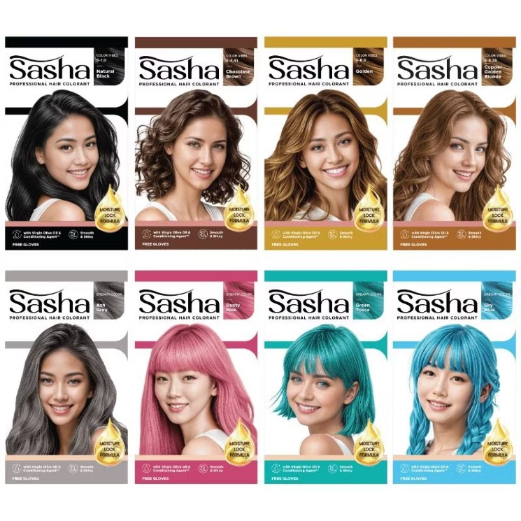 SASHA Hair Colorant - Pewarna Rambut - Cat Rambut - Sasha Bleaching, Dark Blue, Natural Black, Golde