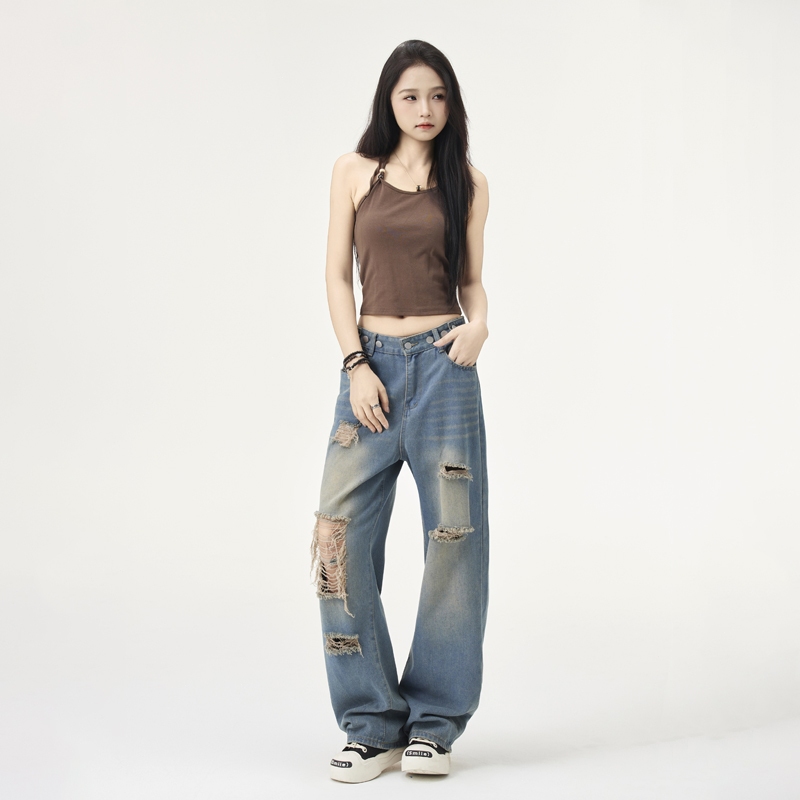 DUST-celana jeans sobek wanita kekinian highwaist kulot jeans ripped loose celana panjang jeans deni