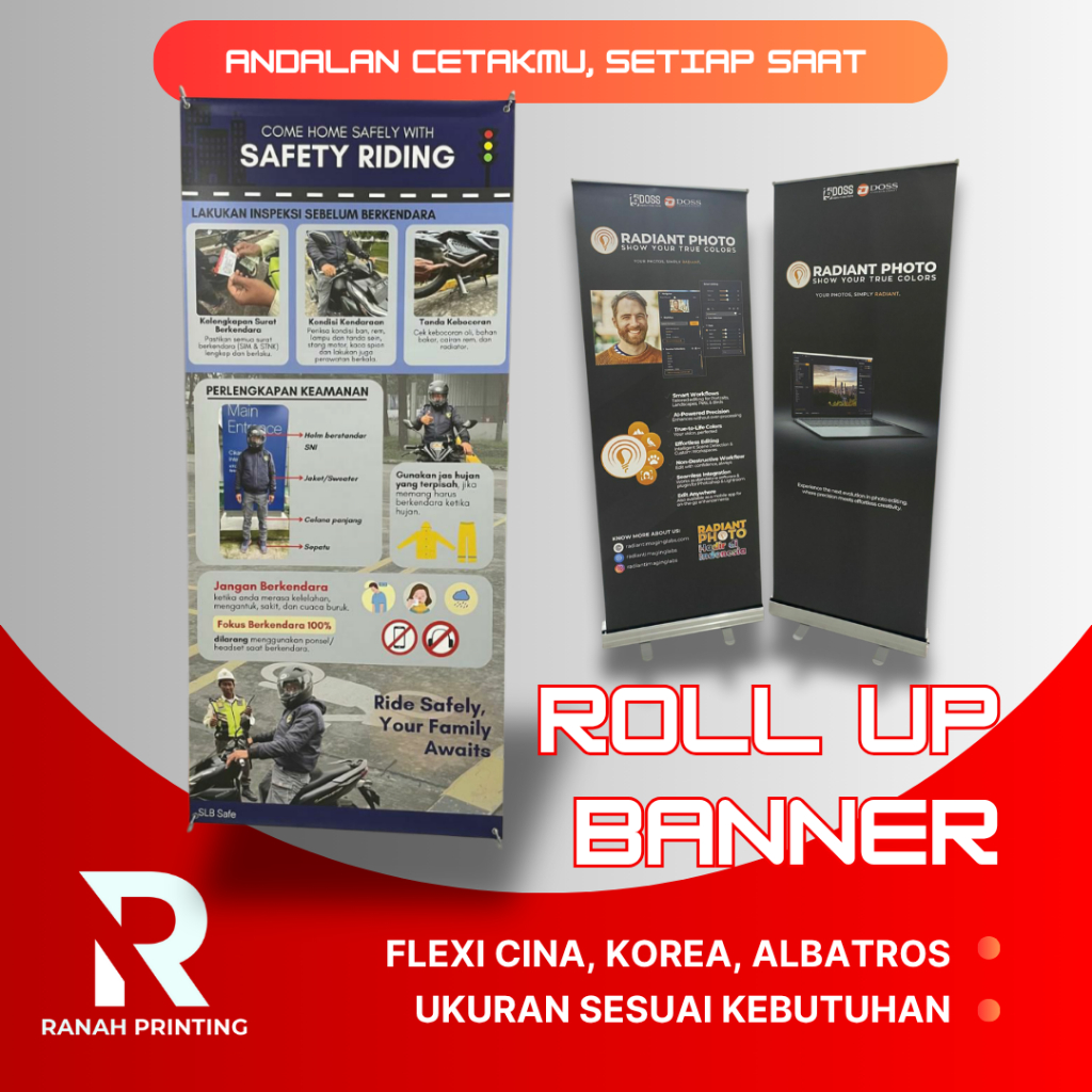 Cetak Roll Up Banner Custom Murah | Print Roll Banner + Standing Alumunium | Ukuran 60 x 160, 80 x 1