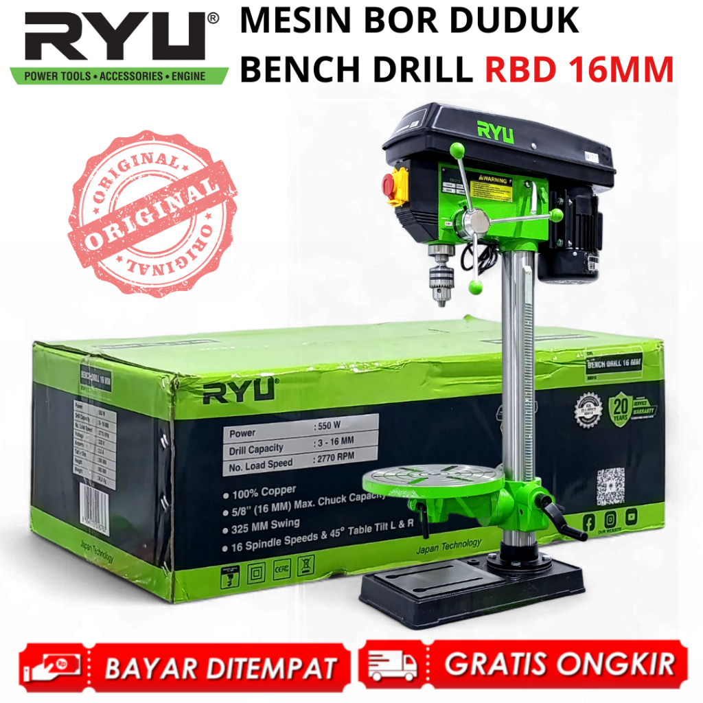 RYU Mesin Bor Duduk BESAR 16 mm Bench Drill Press RBD 16 Dinamo Full Tembaga KUAT 100% ORIGINAL