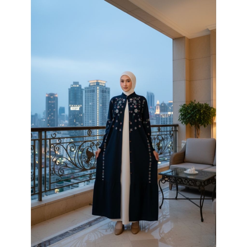 Nayra Gamis Denim Bordir Mewah Dress Pesta Kondangan Elegant Gamis Busui Friendly Dress Jeans