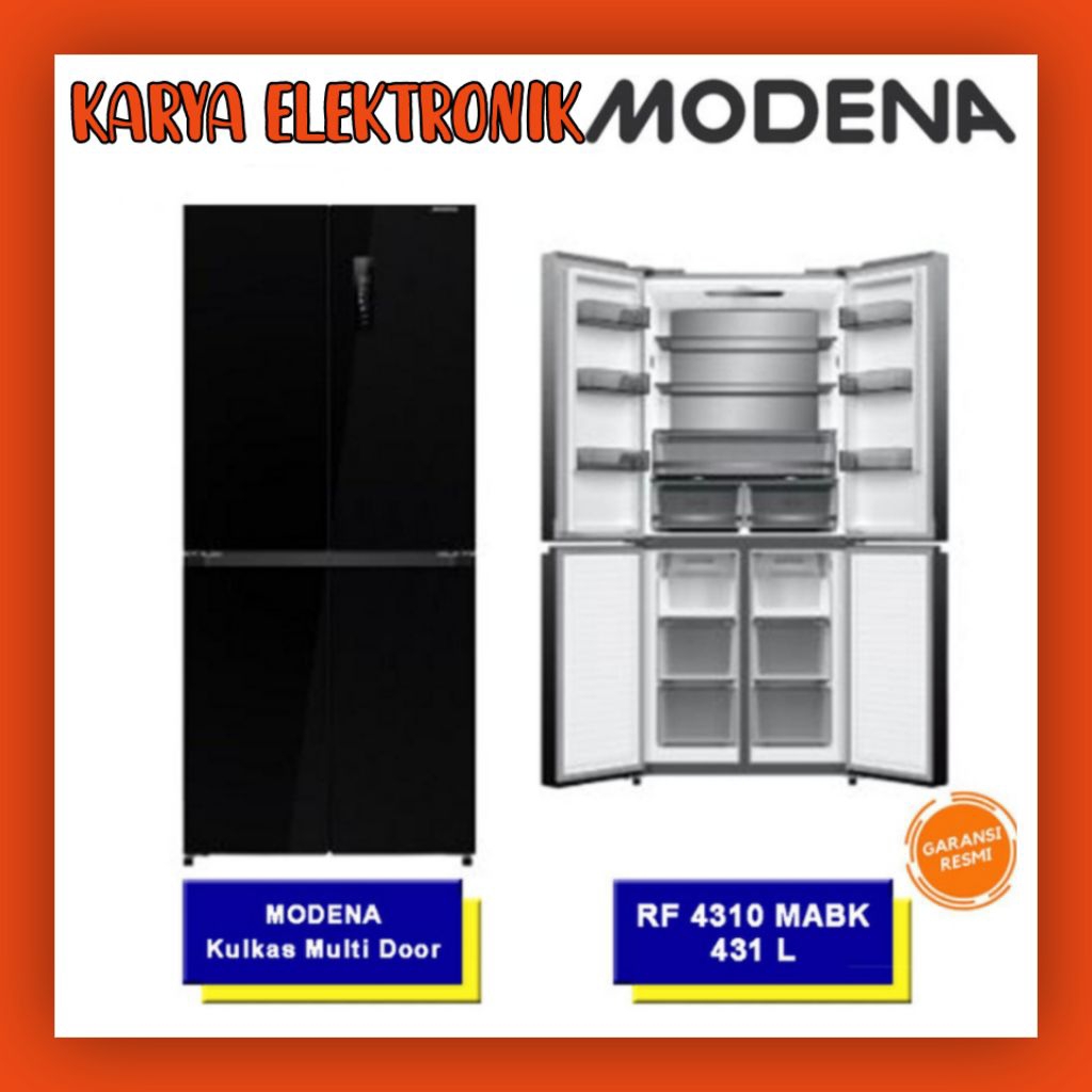 KULKAS MODENA 4 PINTU INVERTER RF-4310MABK BLACK GLASS GARANSI 12 TAHUN