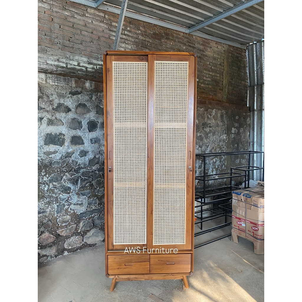 lemari sliding rotan minimalis kayu jati lemari pakaian sliding