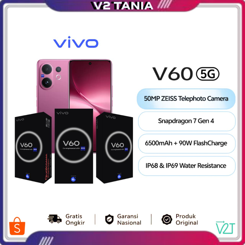 vivo V60 5G [8+256GB] [12+256GB] [12+512GB] 10x Zoom Telephoto, ZEISS Multifocal Potrait, Snapdragon