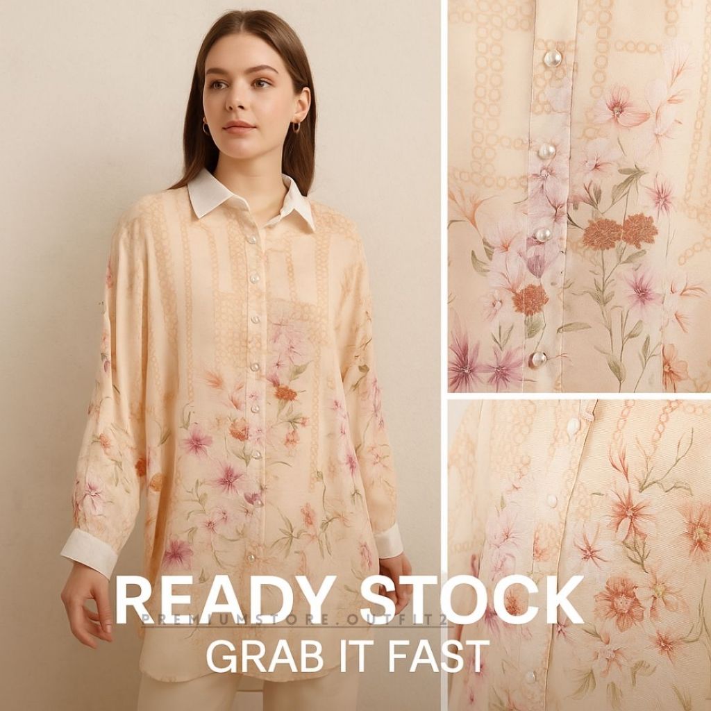 Tunik Katun Silk Import Wanita Elegan Full Kancing Motif Bunga Premium - Atasan Panjang Fit to XL