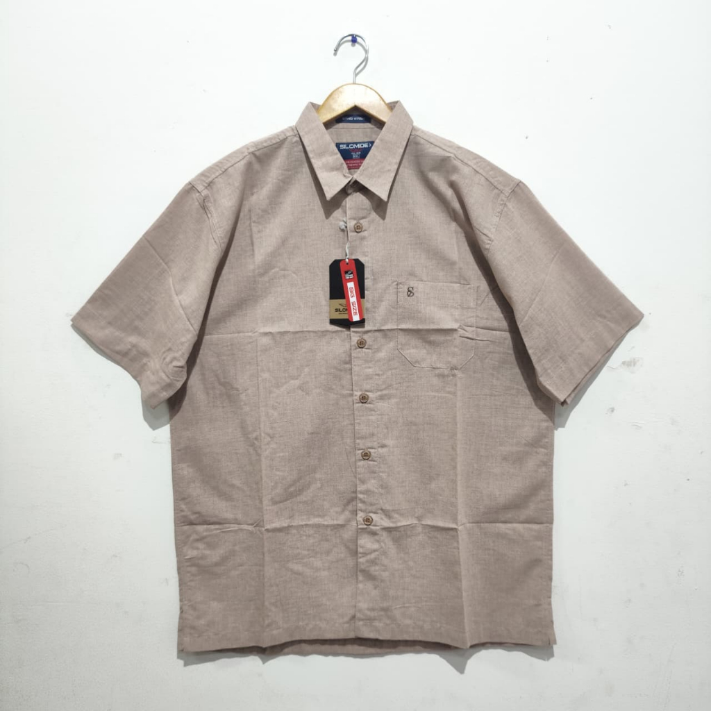 SILOMIDE Kemeja Casual Pria BIG SIZE Khaki Garis Tipis Lengan Pendek 61897