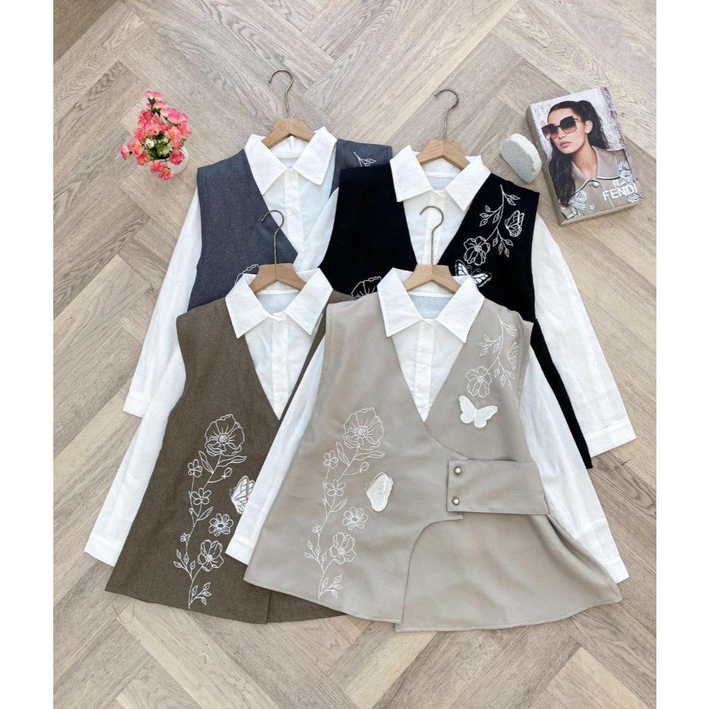 [READY] Arisa Set Kemeja Vest 2in1 - Kemeja & Vest Rompi Vintage Kekinian Korean Style - Kemeja Romp