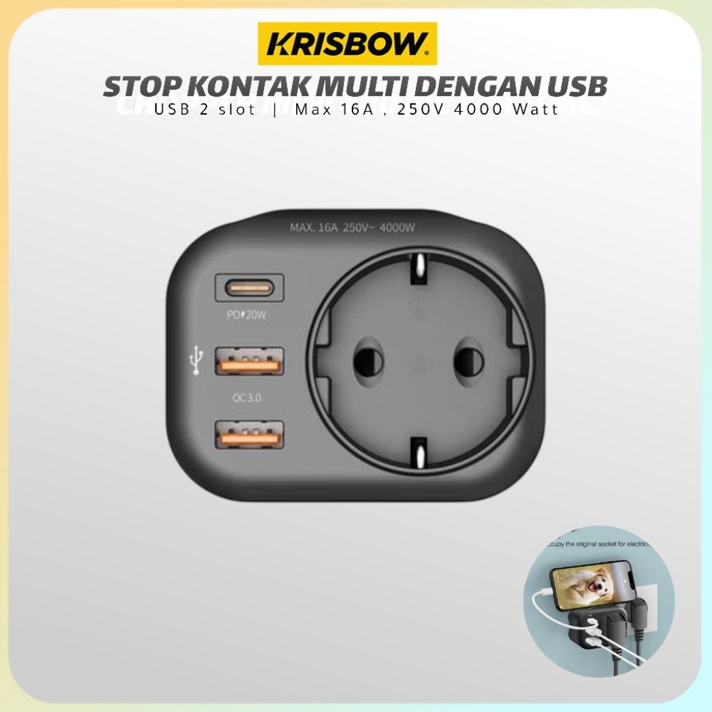 Krisbow Stop Kontak Multi Dengan USB 16A 4000 Watt Colokan Listrik Adaptor Charger USB Stop Kontak U