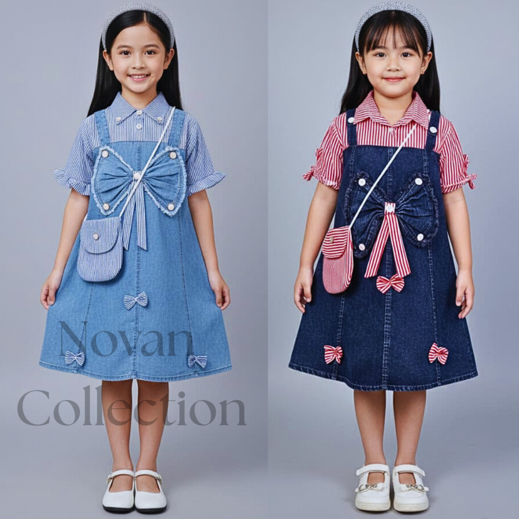Dres jeans anak perempuan lengan pendek motif salur model terbaru 2025 free tas usia 3 - 10 tahun dr