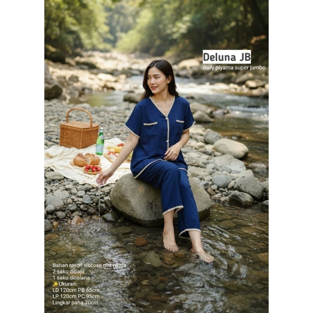 Piyama Rayon Jumbo Wanita Lengan Pendek Deluna JB – Baju Tidur Adem dan Ringan, Setelan Celana Panja