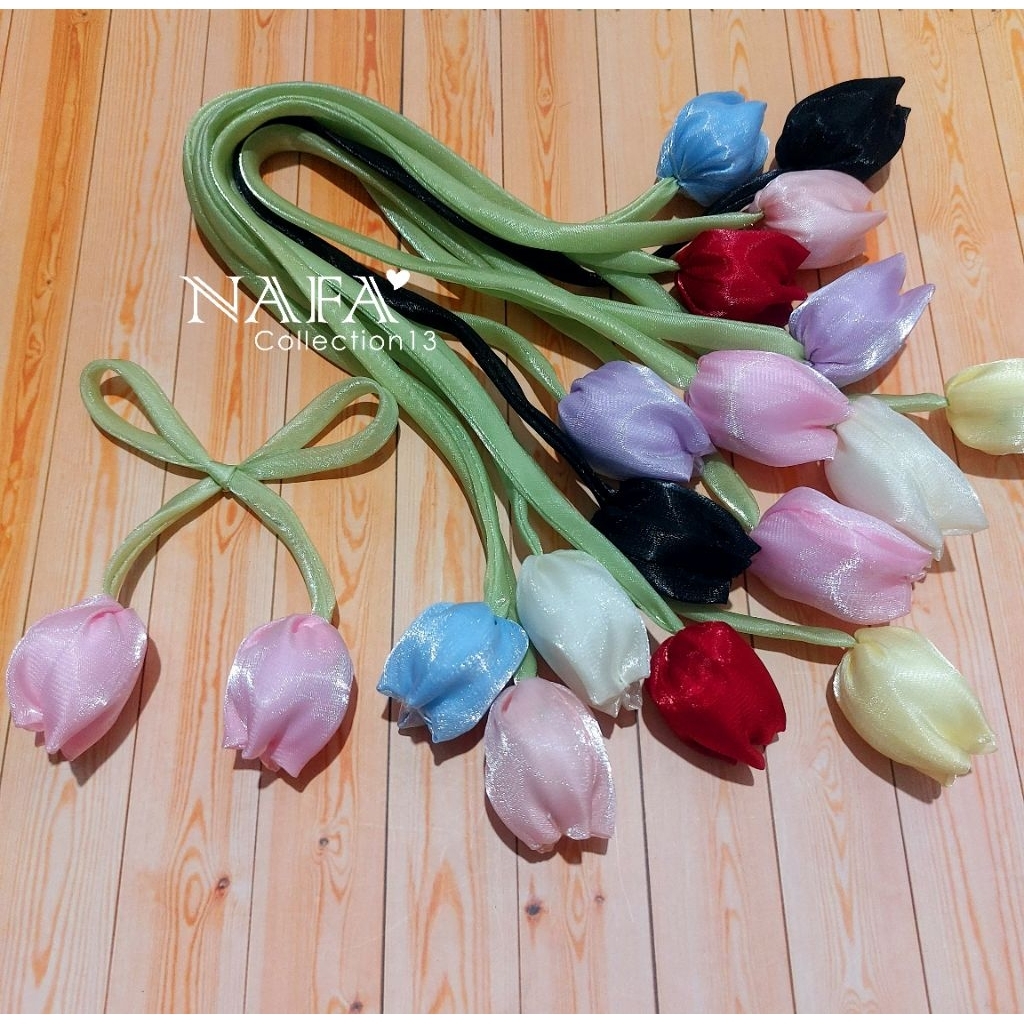 Aplikasi Tali Bunga Kain Tulip DIY Bagcharm