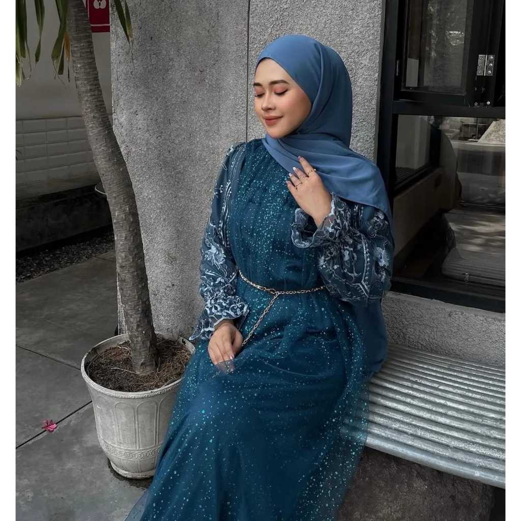 Selena Dress Busui Bahan Slik Premium Mix Tile Raindrop Berukat Gamis Pesta Baju Kondangan Mewah Ter