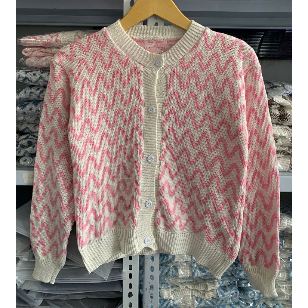 Cardigan Rajut Garis Pink Putih Wanita | Outer Rajut Lembut Kekinian |