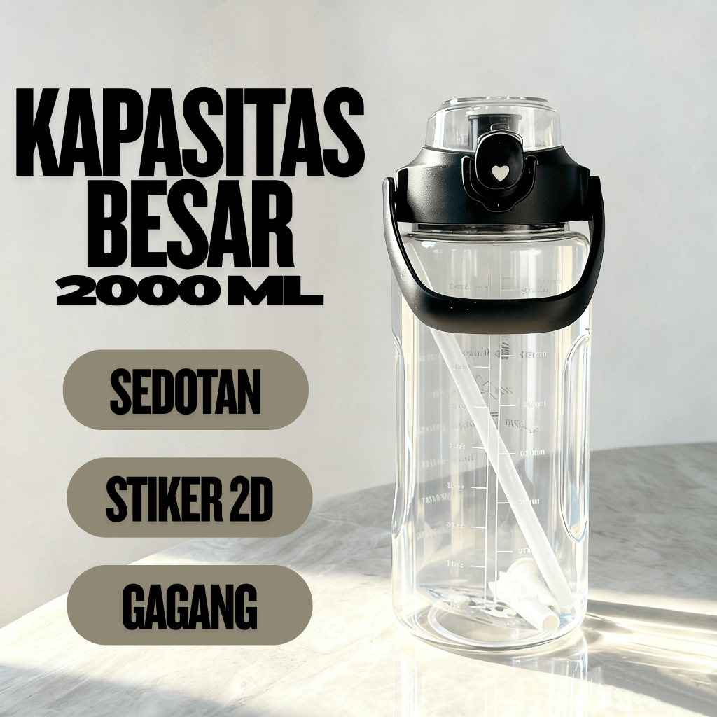 Botol minum Jumbo 2 LITER Motivasi Penanda waktu Quifit Handle BENING 2000ML - Botol Minum 2L