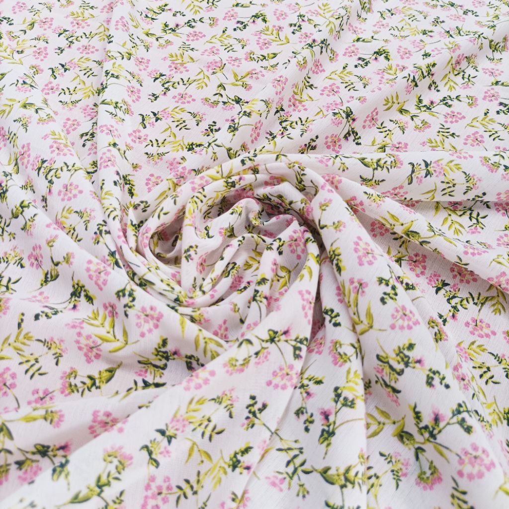 ​Kain Ceruty Babydoll Printing Motif Bunga Kecil Pink Putih Meteran | Bahan Dress Blouse Layer (Harg