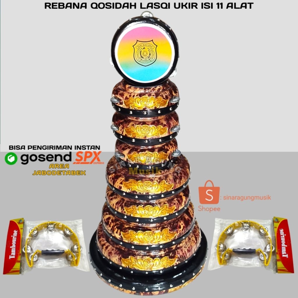 Rebana qosidah murah|Rebana qosidah ukir|Rebana qosidah lasqi ukir susun 9+Tamborin 2