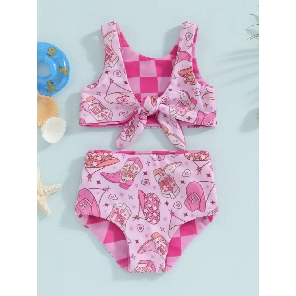 Bikini Anak Perempuan Balita Toddler Kids Pink Motif Fashion Boots Cowboy Hat Swimwear Merah Muda Ga