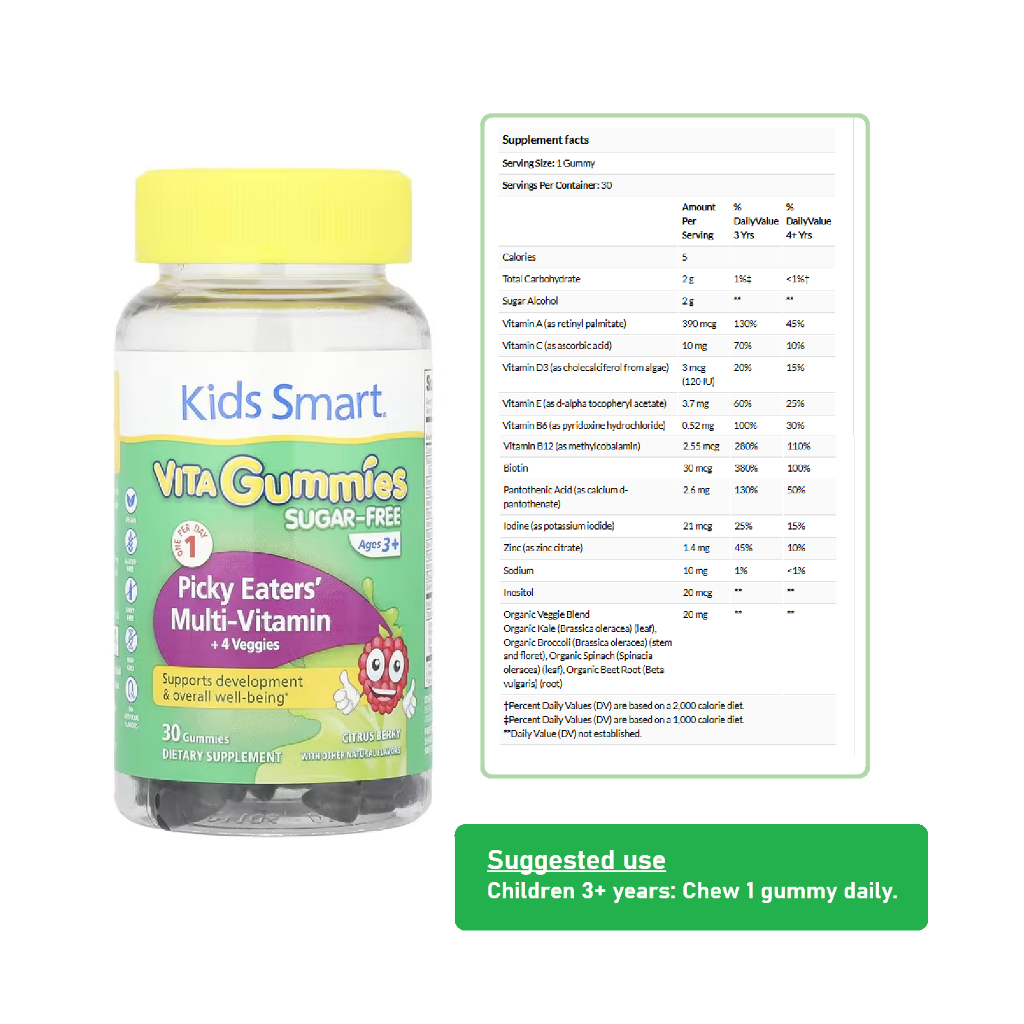 Kids Smart, Kids Smart Vita Gummies, Picky Eaters' Multi-Vitamin + 4 Veggies, Ages 3+, Citrus Berry,