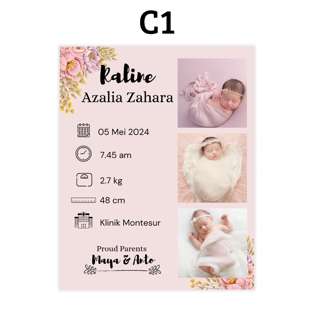 Desain Foto Biodata Bayi perempuan+cetak + bingkai 10R | Hadiah newborn/ Dekorasi kamar bayi