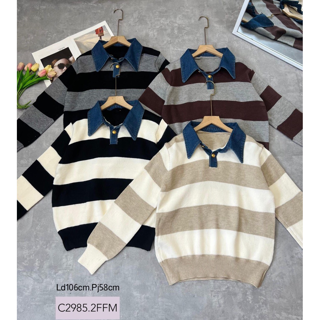 atasan wanita stripe mix jeans bahan import