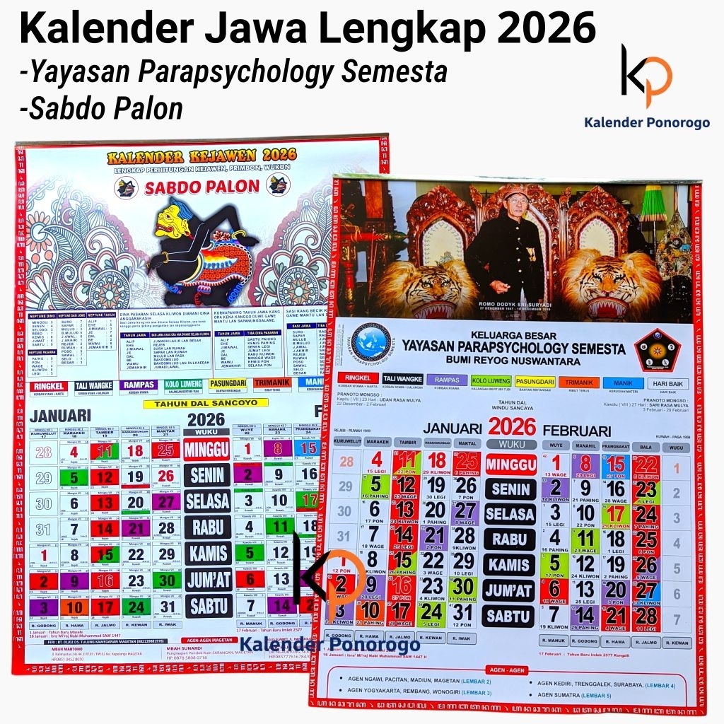 Kalender 2026 Kalender Jawa Lengkap / Kalender Kejawen/ Kalender Jawa Tahun 2026 / Yayasan Parapsych