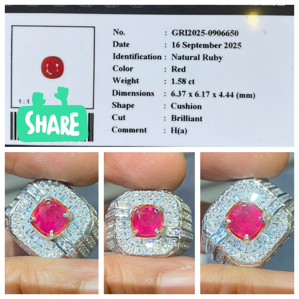 Natural 1.58ct red ruby heat memo gri hq