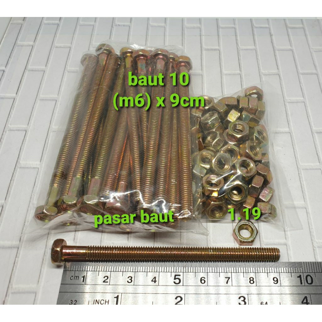 (paket 50 set) baut 10 (6mm) x 9cm + mur (kunci 10)