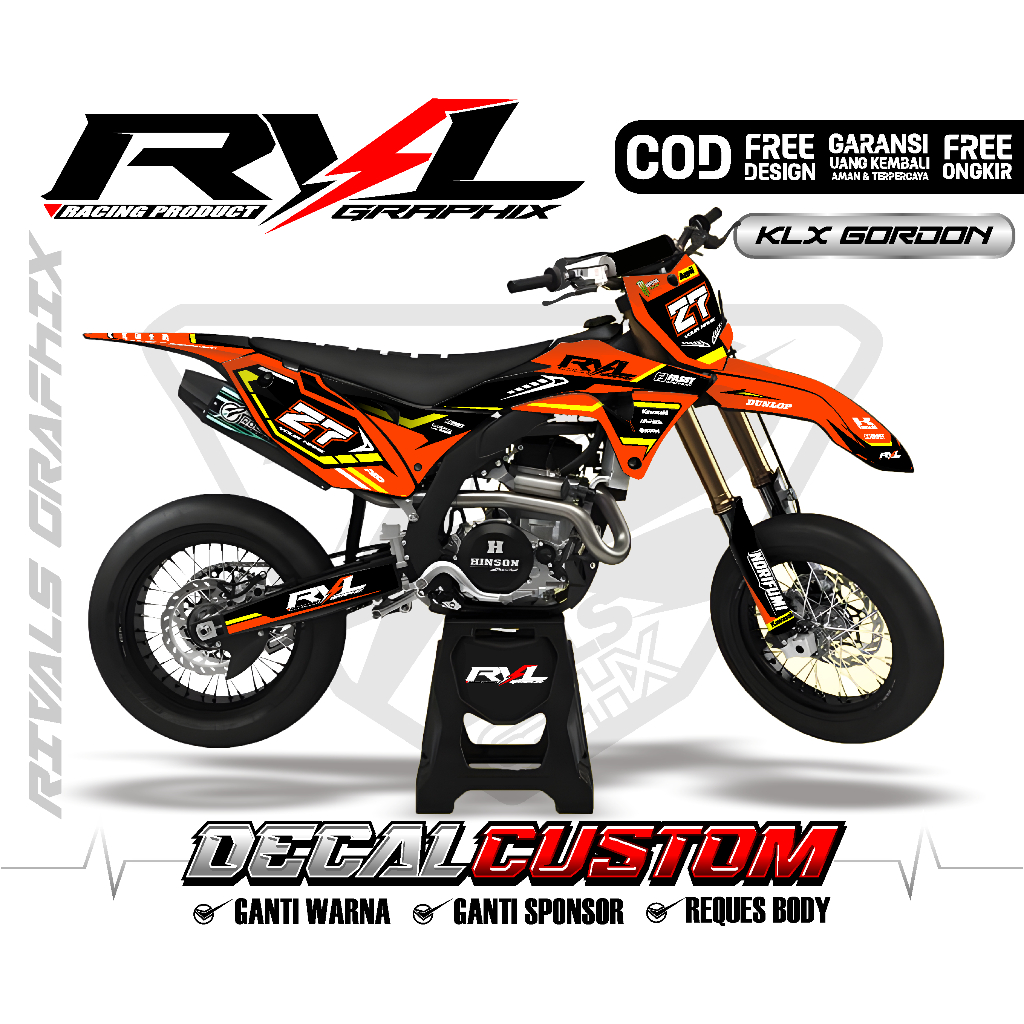 Decal sticker klx gordon custom full body design suka suka hologram chrome tebal hitam orange