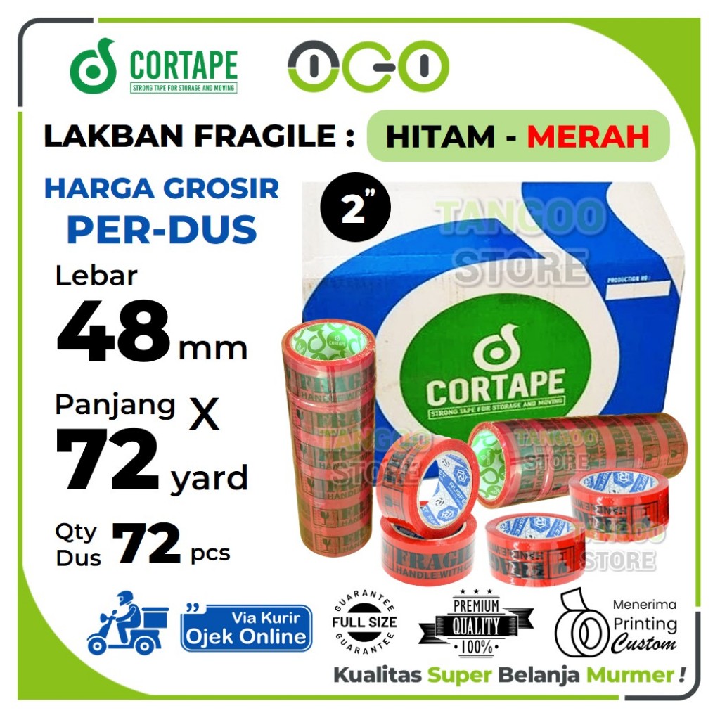 Lakban Selotip Cortape Fragile Unboxing Merah - Hitam 48mm x 72yard (2inch) Harga PerDus 72pcs -Ojol